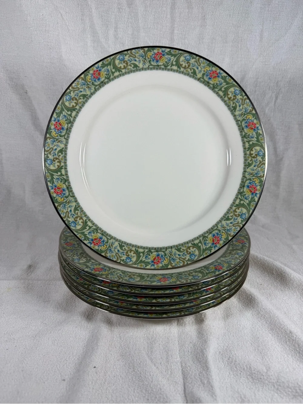 Vintage Noritake Ivory China Isolde Set of 6 Green Floral 10 1/2” Dinner Plates